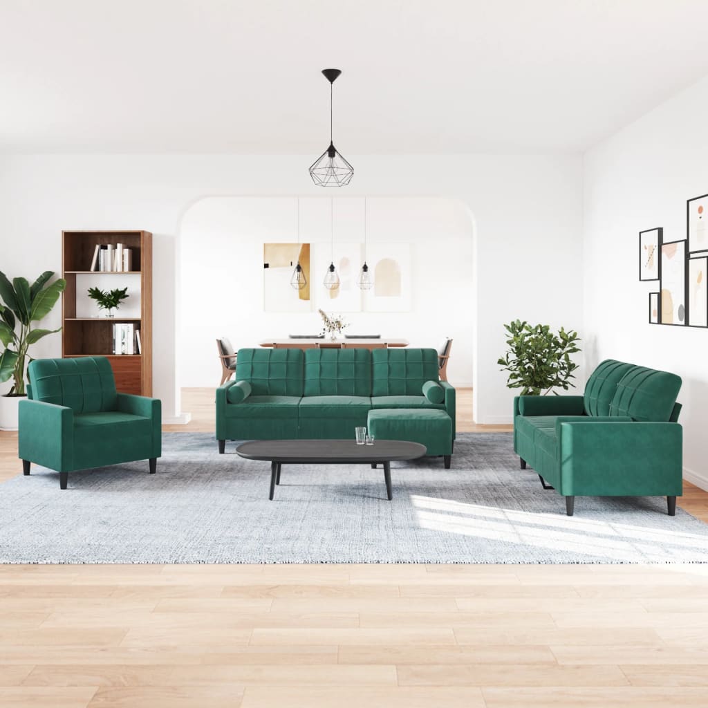 vidaXL Set canapele cu perne/rulouri, 4 piese, verde închis, catifea vidaXL Set canapele cu perne/rulouri, 4 piese, verde închis, catifea