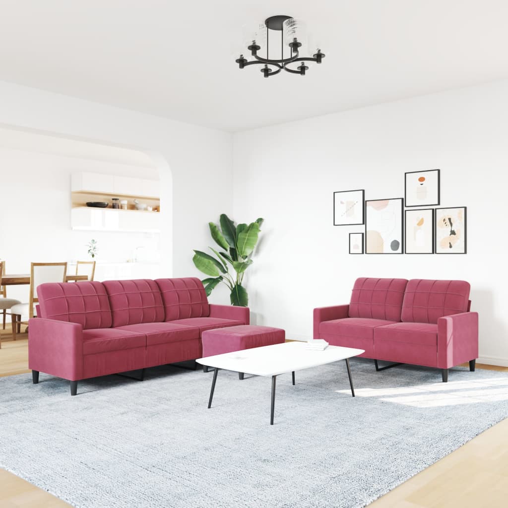 vidaXL Set canapea cu perne, 3 piese, roșu vin, catifea