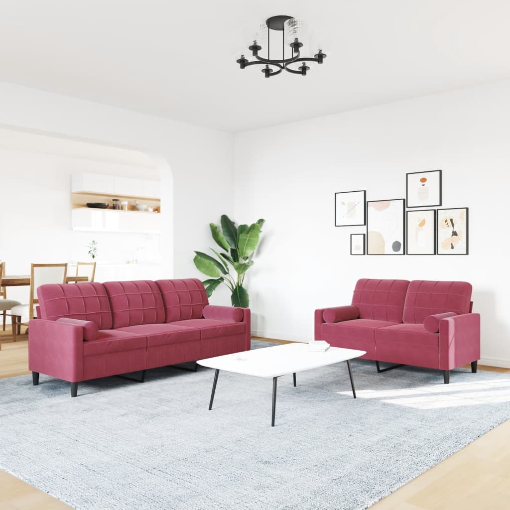 vidaXL Set canapea cu perne/rulouri, 2 piese, roșu vin, catifea vidaXL Set canapea cu perne/rulouri, 2 piese, roșu vin, catifea