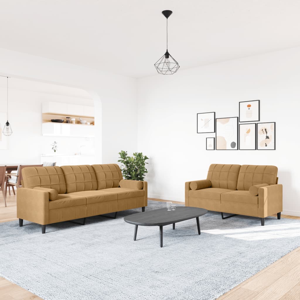 vidaXL Set de canapele cu perne/rulouri, 2 piese, maro, catifea