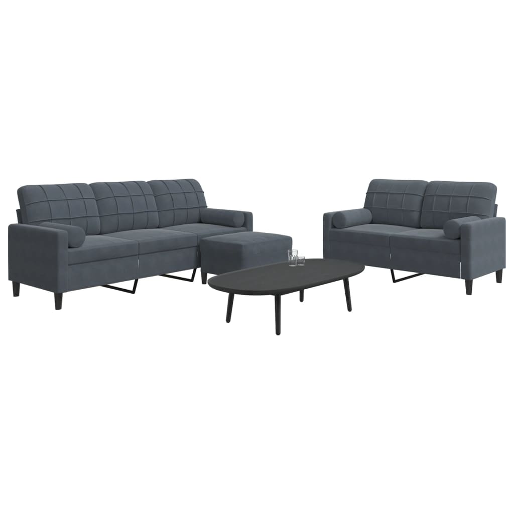 vidaXL Set de canapele cu perne/rulouri, 3 piese, gri închis, catifea vidaXL Set de canapele cu perne/rulouri, 3 piese, gri închis, catifea