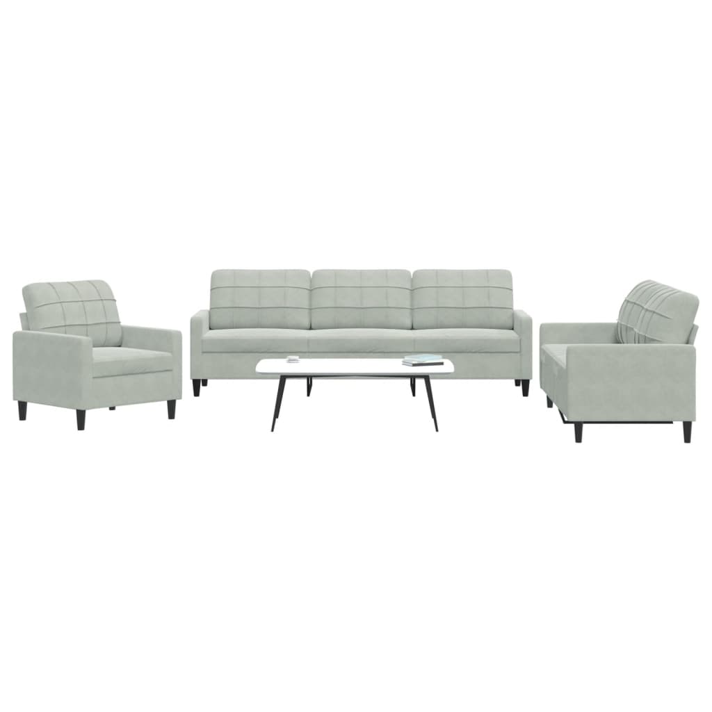 vidaXL Set de canapele cu perne, 3 piese, gri deschis, catifea