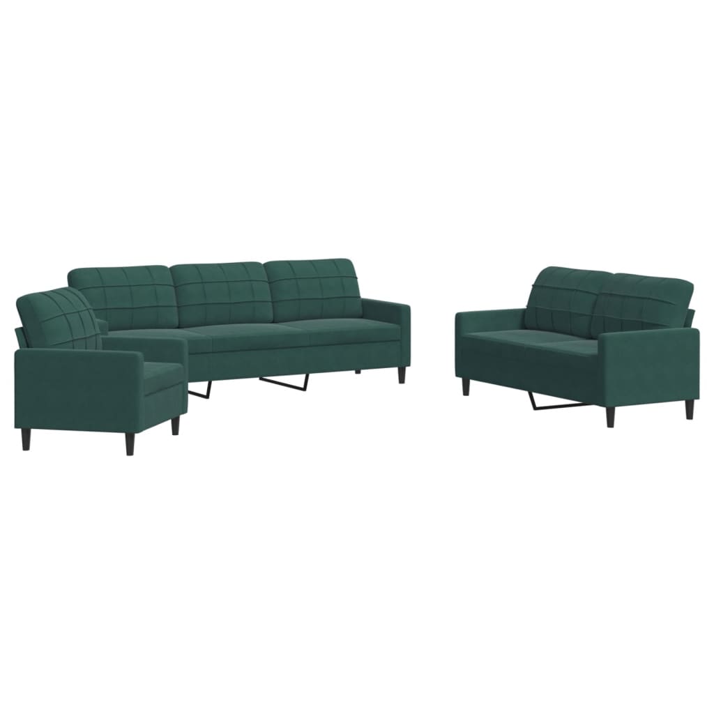 vidaXL Set de canapele cu perne, 3 piese, verde închis, catifea