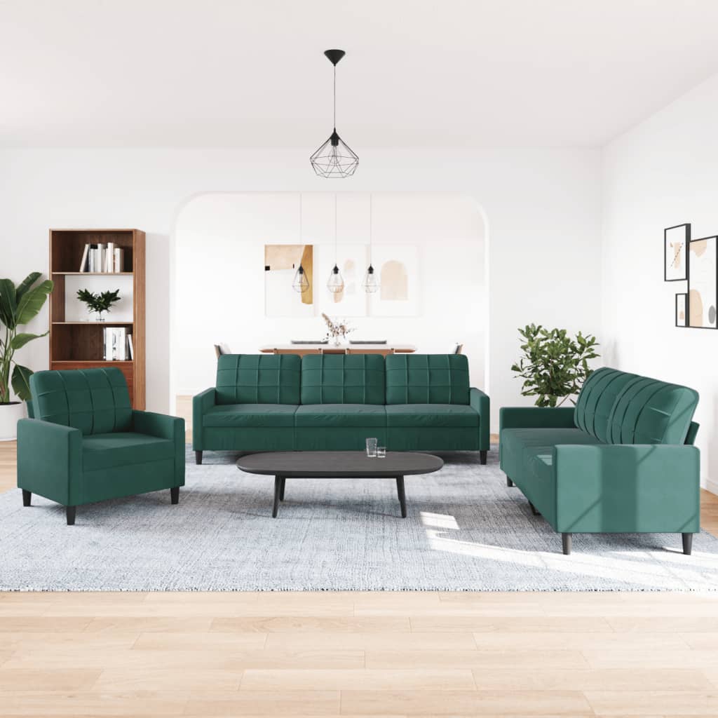 vidaXL Set de canapele cu perne, 3 piese, verde închis, catifea