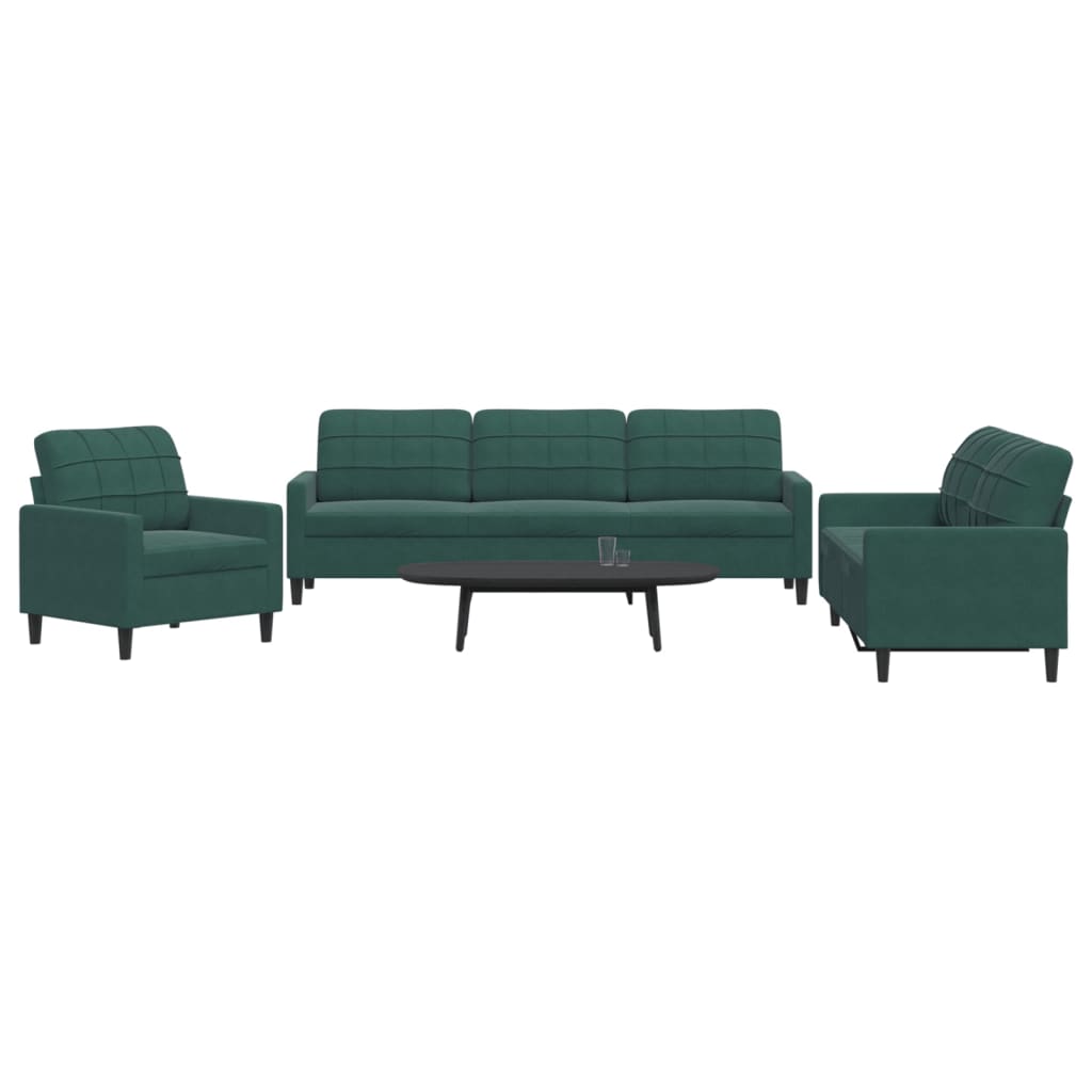 vidaXL Set de canapele cu perne, 3 piese, verde închis, catifea