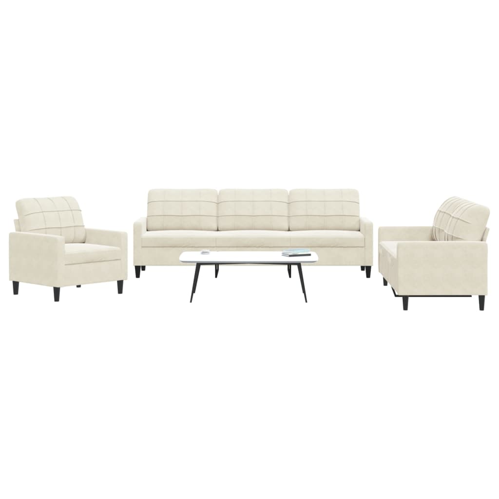 vidaXL Set de canapele cu perne, 3 piese, crem, catifea vidaXL Set de canapele cu perne, 3 piese, crem, catifea