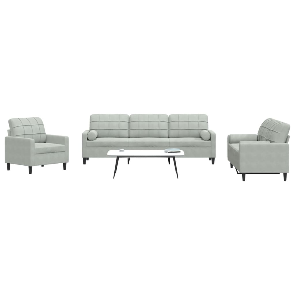 vidaXL Set de canapele cu perne, 3 piese, gri deschis, catifea vidaXL Set de canapele cu perne, 3 piese, gri deschis, catifea