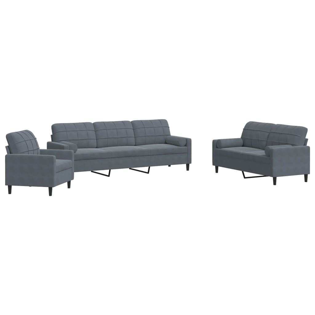 vidaXL Set de canapele cu perne/rulouri, 3 piese, gri închis, catifea