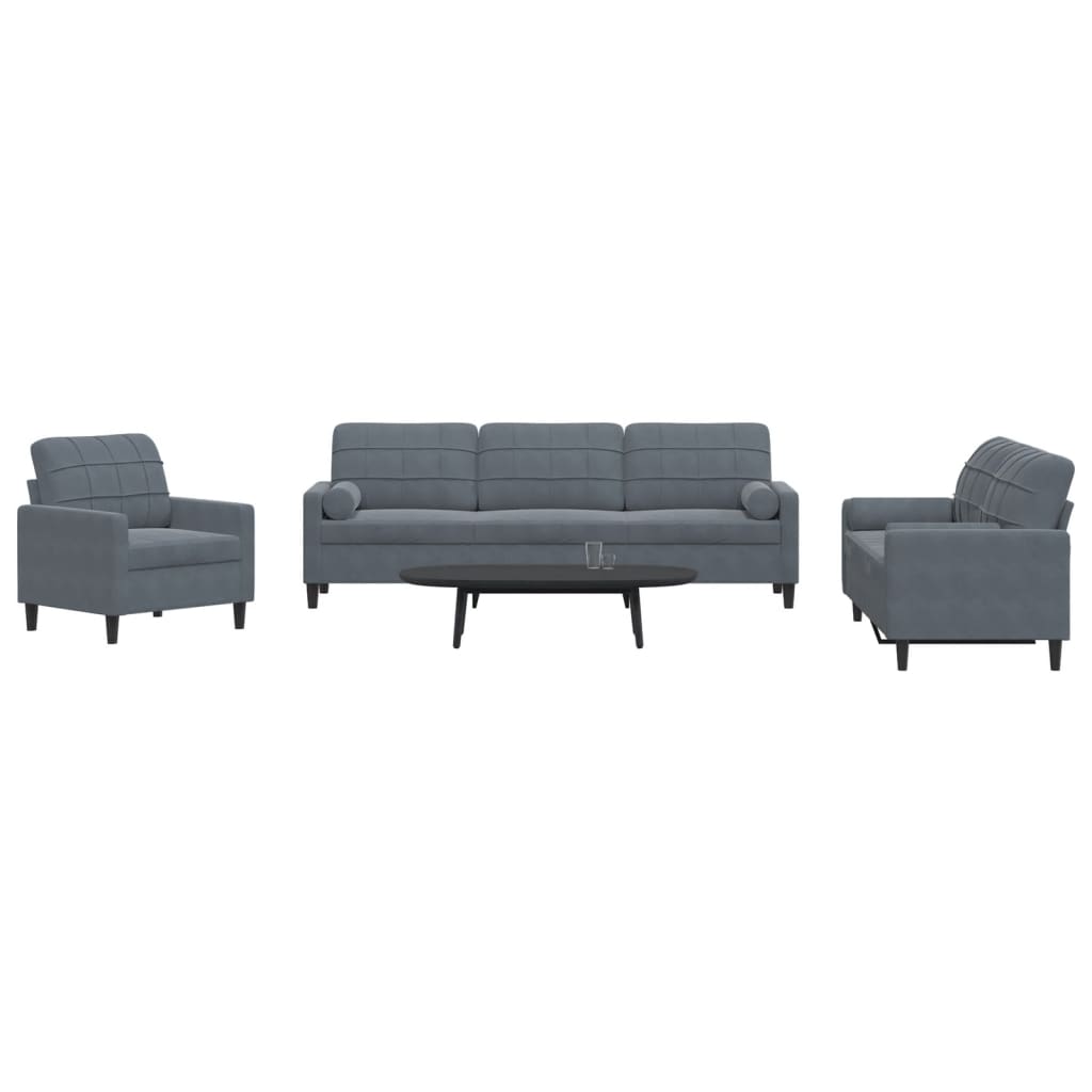 vidaXL Set de canapele cu perne/rulouri, 3 piese, gri închis, catifea