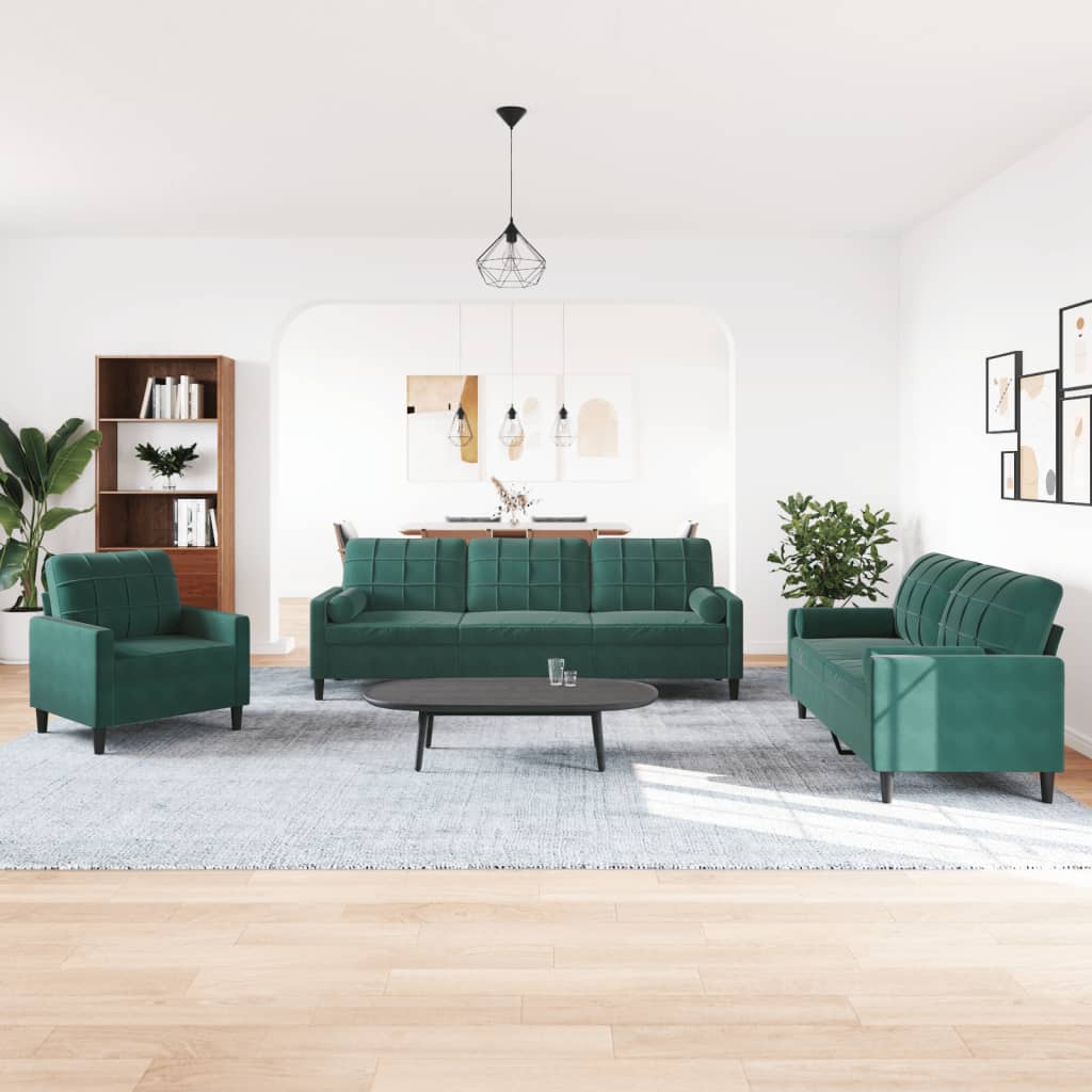 vidaXL Set canapele cu perne/rulouri, 3 piese, verde închis, catifea vidaXL Set canapele cu perne/rulouri, 3 piese, verde închis, catifea