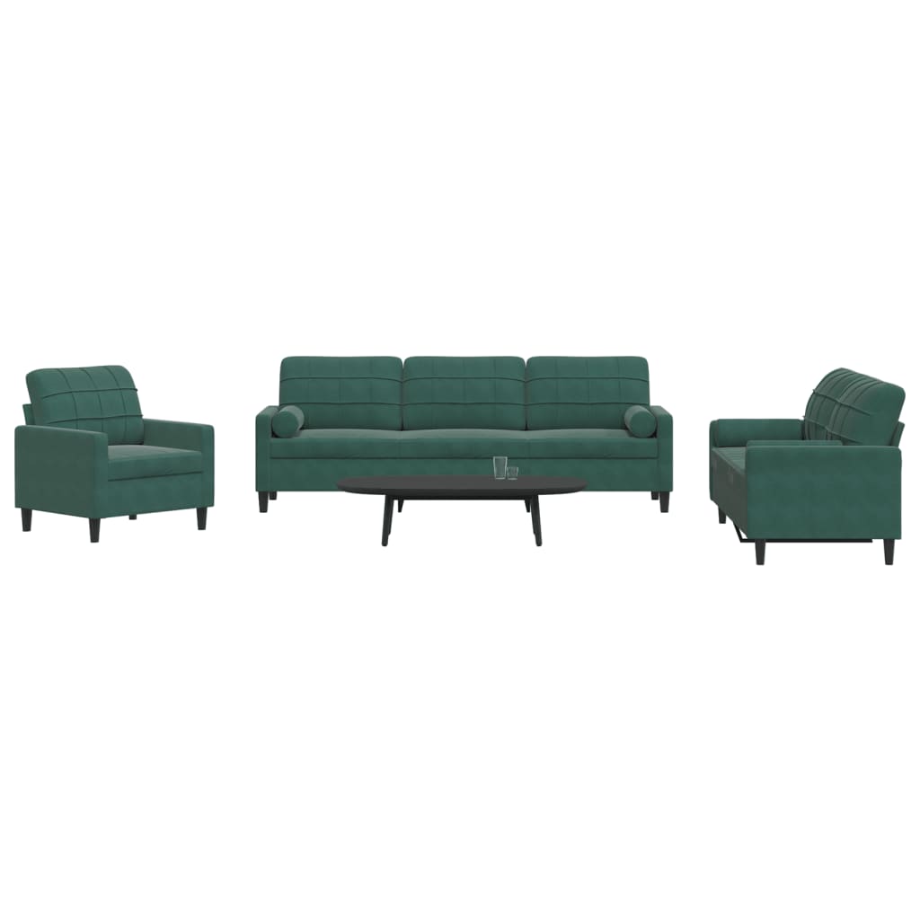 vidaXL Set canapele cu perne/rulouri, 3 piese, verde închis, catifea vidaXL Set canapele cu perne/rulouri, 3 piese, verde închis, catifea