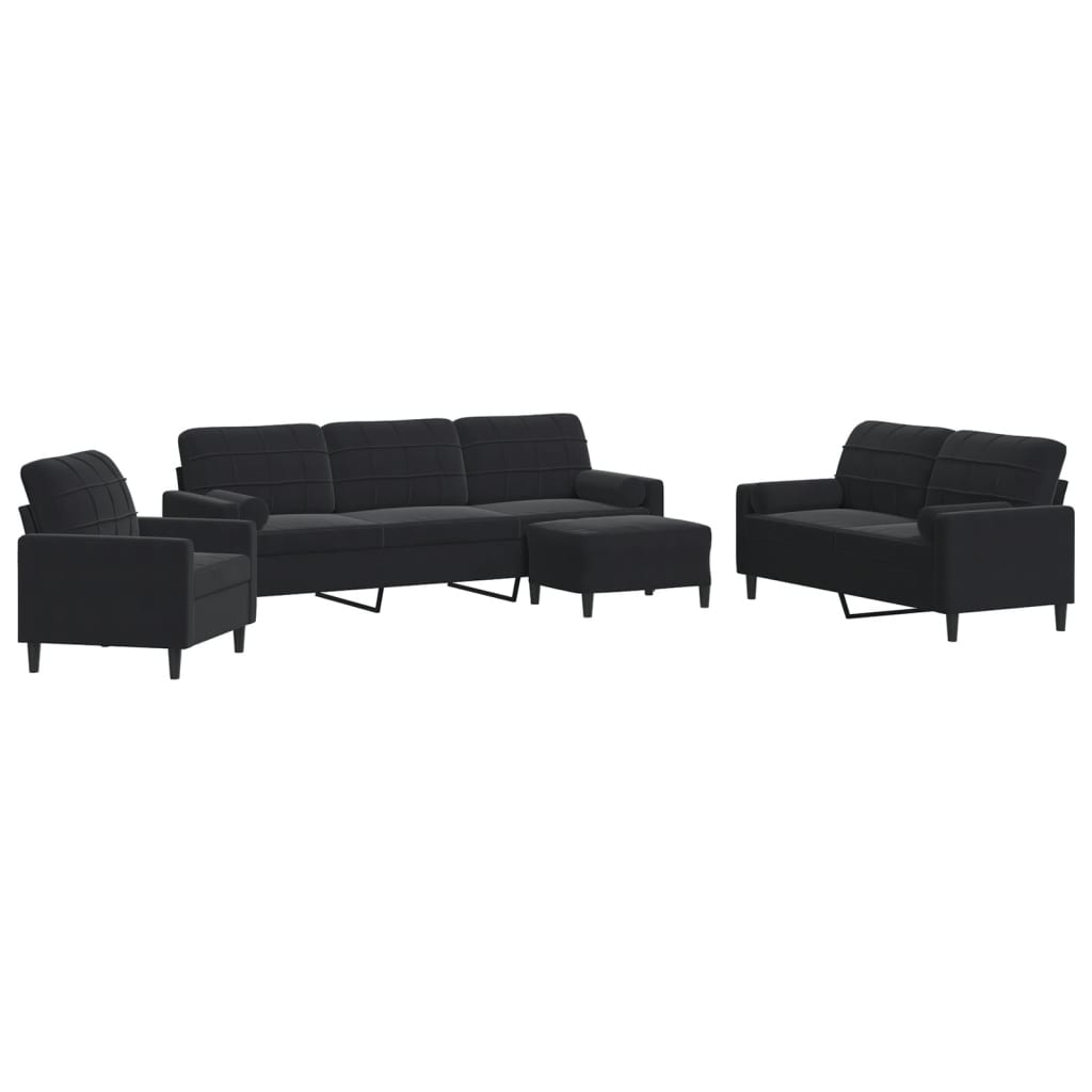 vidaXL Set de canapele cu perne/rulouri, 4 piese, negru, catifea