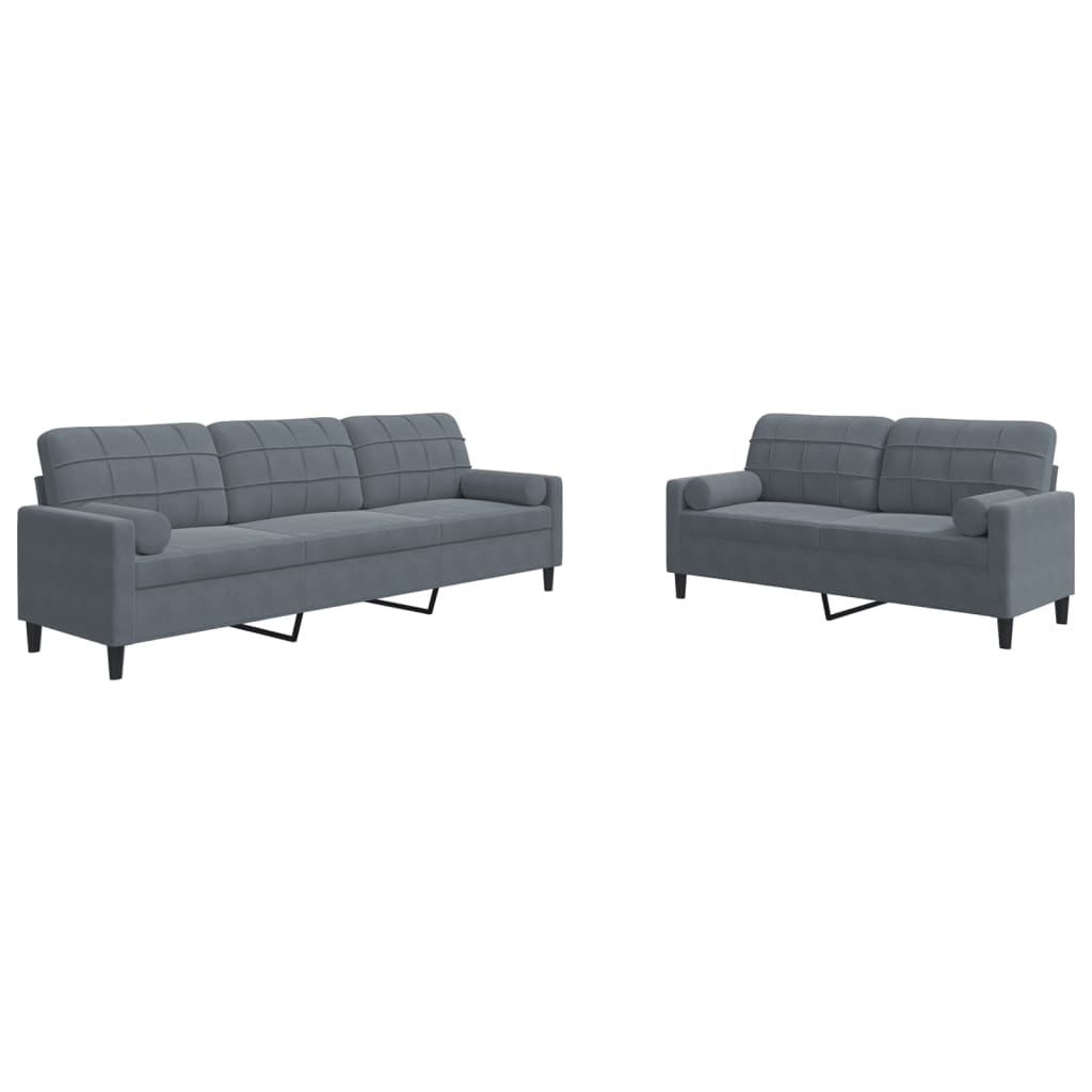 vidaXL Set de canapele cu perne/rulouri, 2 piese, gri închis, catifea