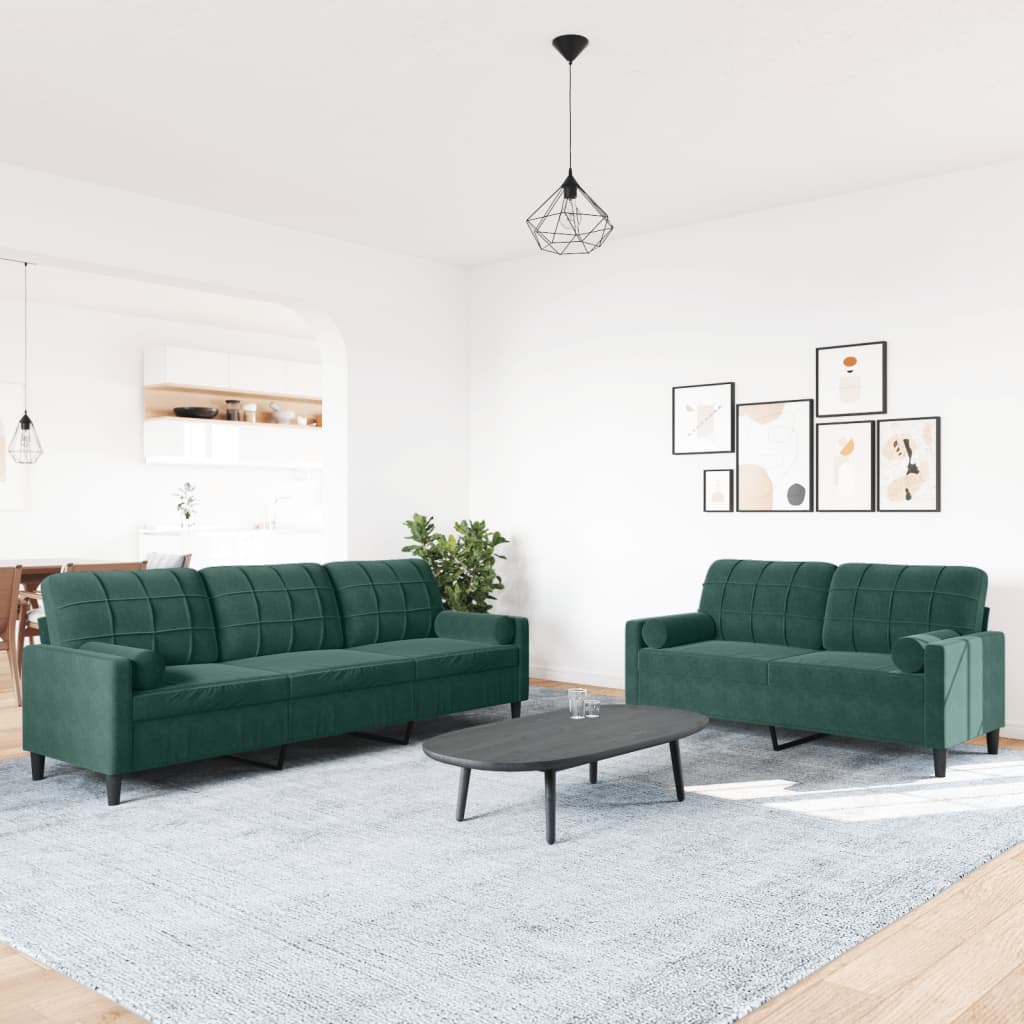 vidaXL Set canapele cu perne/rulouri, 2 piese, verde închis, catifea