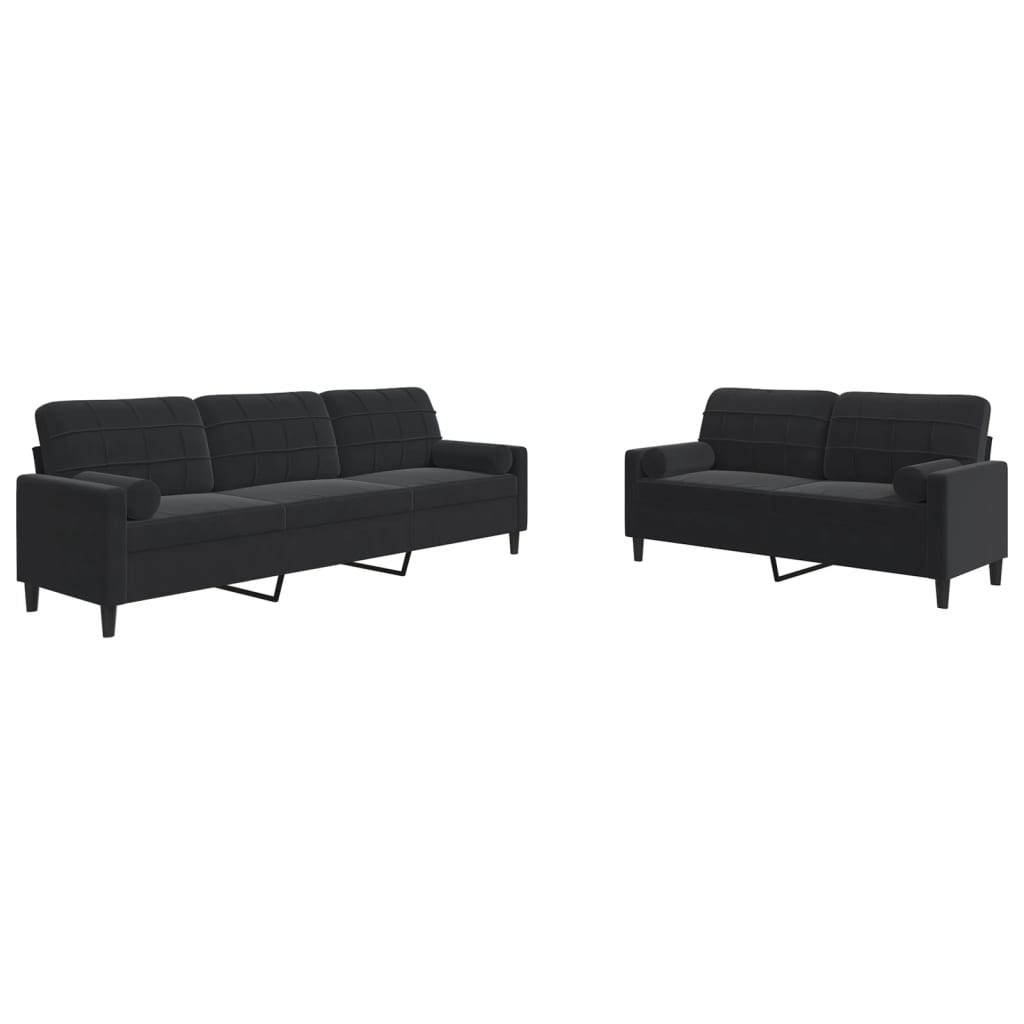 vidaXL Set de canapele cu perne/rulouri, 2 piese, negru, catifea