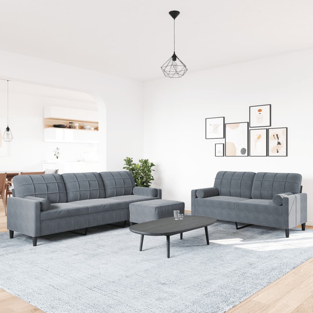 vidaXL Set de canapele cu perne/rulouri, 3 piese, gri închis, catifea