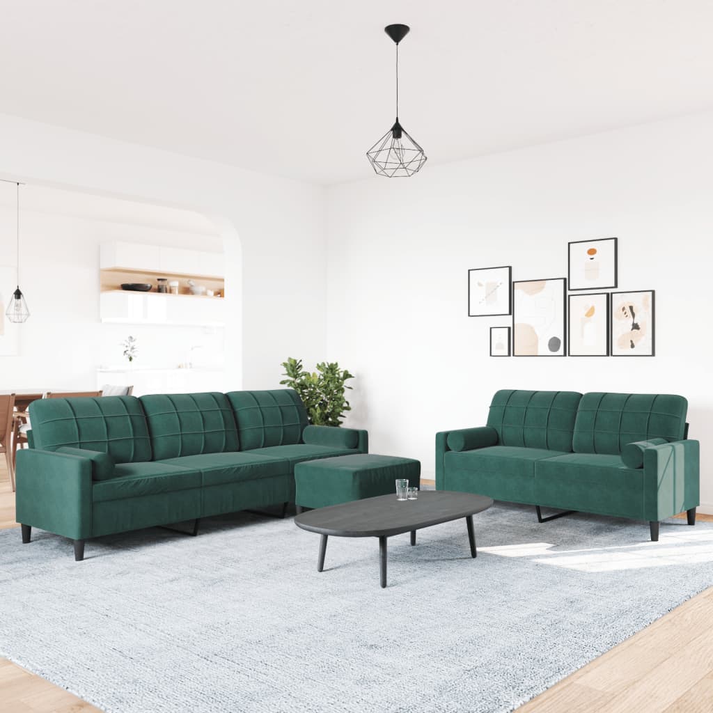 vidaXL Set canapele cu perne/rulouri, 3 piese, verde închis, catifea