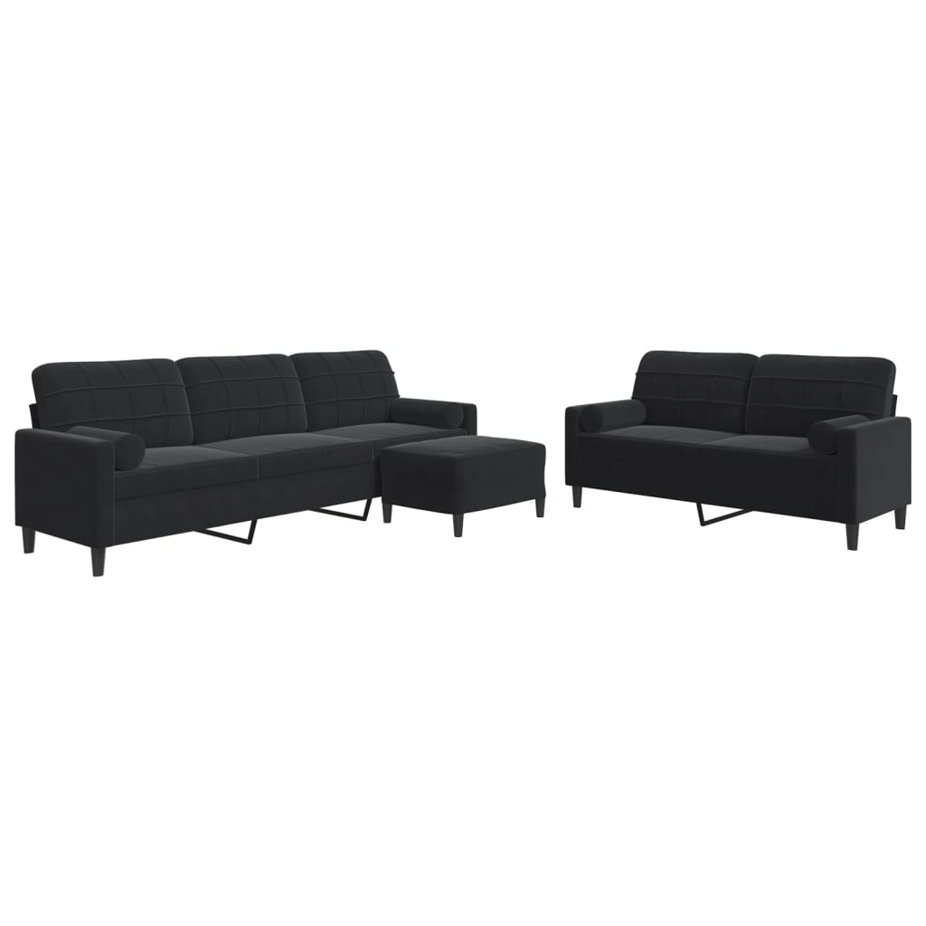 vidaXL Set de canapele cu perne/rulouri, 3 piese, negru, catifea