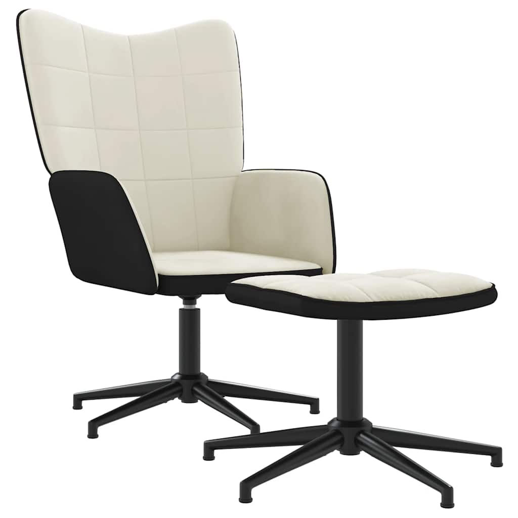 vidaXL Scaun de relaxare cu taburet, alb crem, catifea și PVC vidaXL Scaun de relaxare cu taburet, alb crem, catifea și PVC