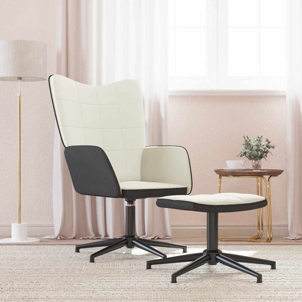 vidaXL Scaun de relaxare cu taburet, alb crem, catifea și PVC vidaXL Scaun de relaxare cu taburet, alb crem, catifea și PVC