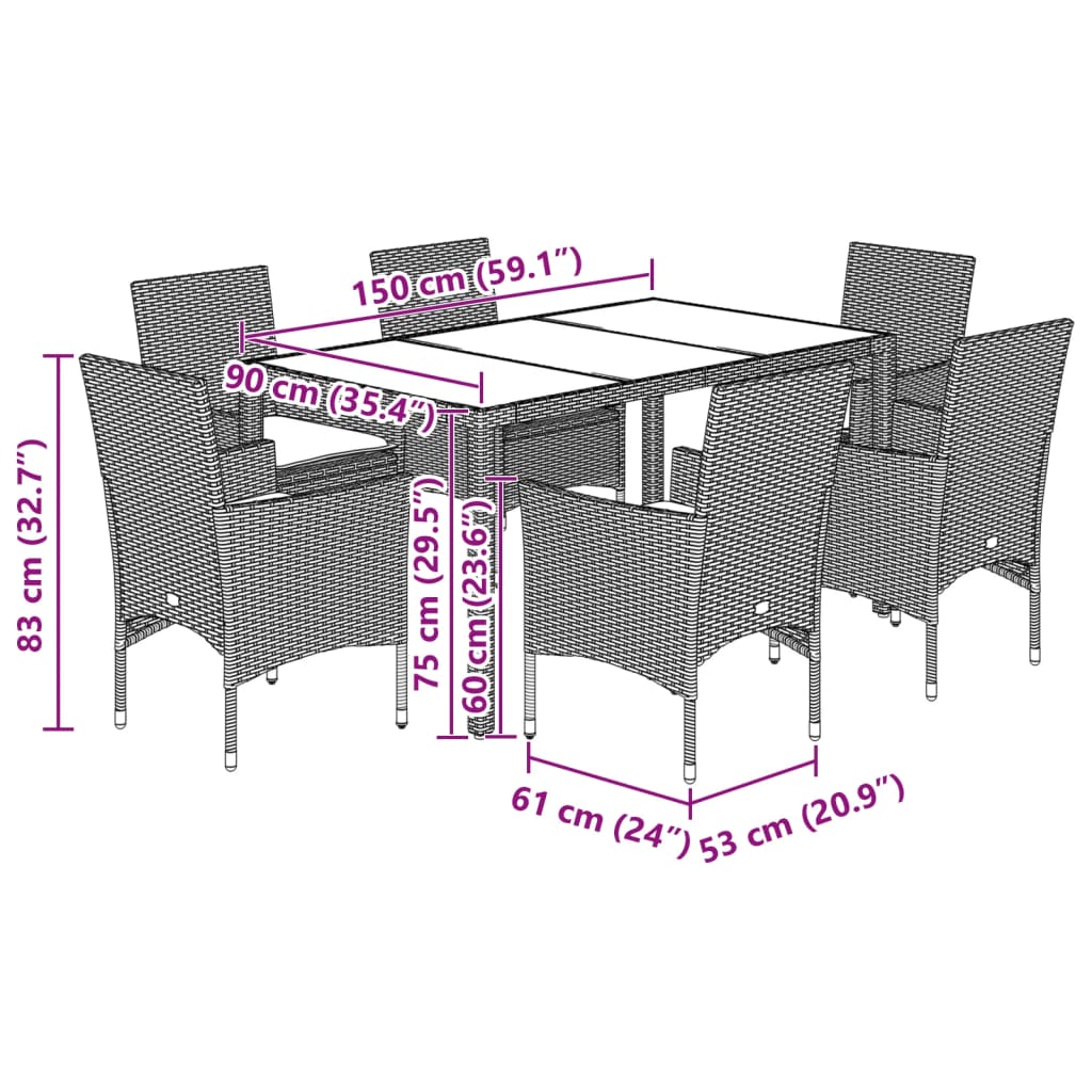 vidaXL Set mobilier de grădină cu perne, 7 piese, poliratan și sticlă vidaXL Set mobilier de grădină cu perne, 7 piese, poliratan și sticlă