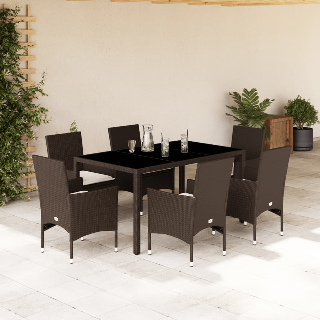 vidaXL Set mobilier de grădină cu perne, 7 piese, poliratan și sticlă vidaXL Set mobilier de grădină cu perne, 7 piese, poliratan și sticlă