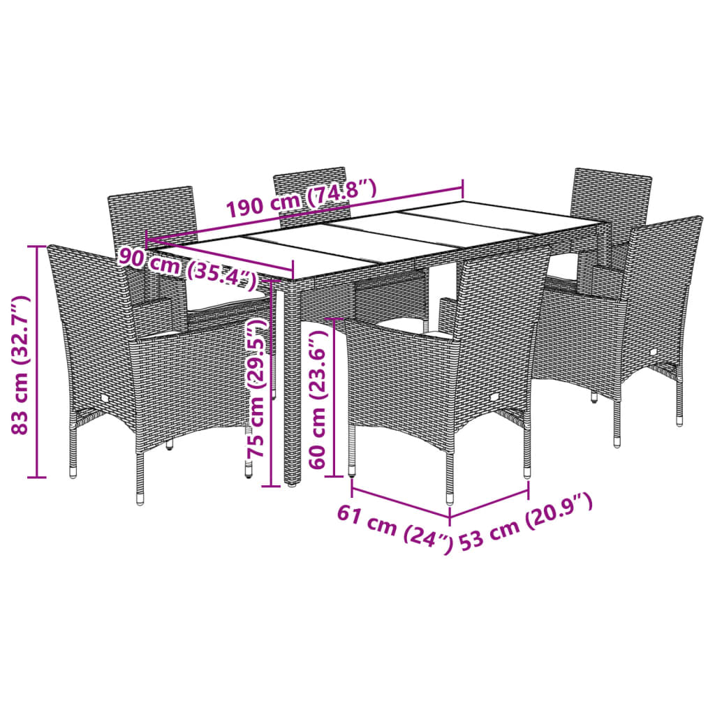 vidaXL Set mobilier de grădină cu perne, 7 piese, poliratan și sticlă vidaXL Set mobilier de grădină cu perne, 7 piese, poliratan și sticlă