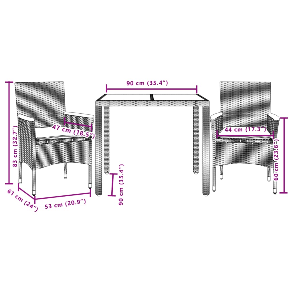 vidaXL Set mobilier grădină perne 3 piese negru poliratan/lemn acacia vidaXL Set mobilier grădină perne 3 piese negru poliratan/lemn acacia