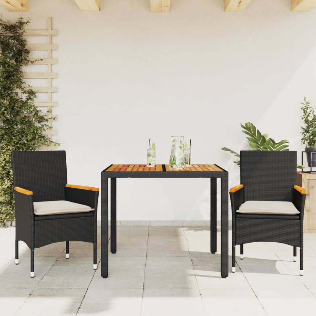 vidaXL Set mobilier grădină perne 3 piese negru poliratan/lemn acacia vidaXL Set mobilier grădină perne 3 piese negru poliratan/lemn acacia