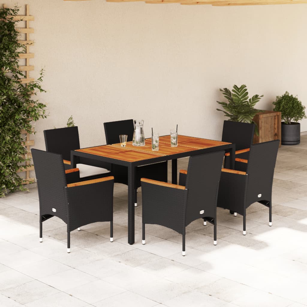 vidaXL Set mobilier grădină perne 7 piese negru poliratan/lemn acacia vidaXL Set mobilier grădină perne 7 piese negru poliratan/lemn acacia
