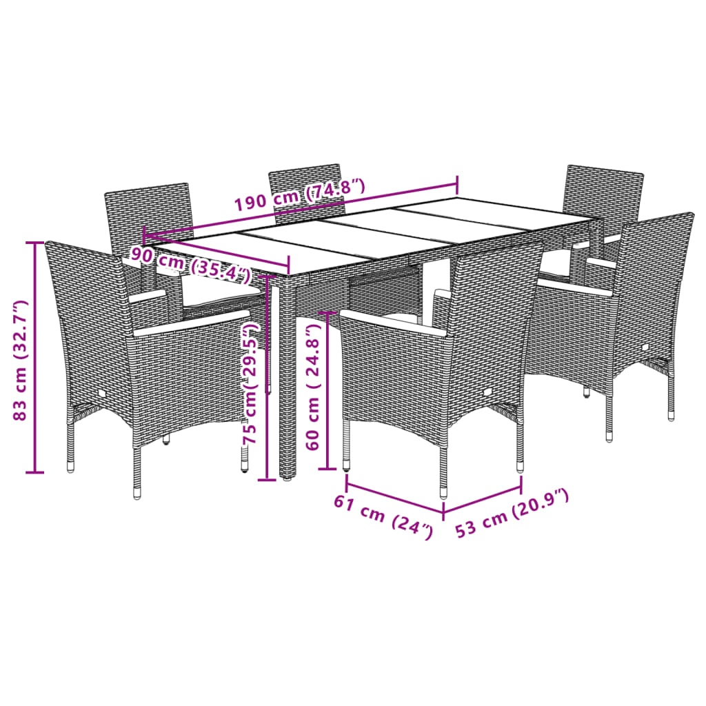 vidaXL Set mobilier grădină perne 7 piese negru poliratan/lemn acacia vidaXL Set mobilier grădină perne 7 piese negru poliratan/lemn acacia