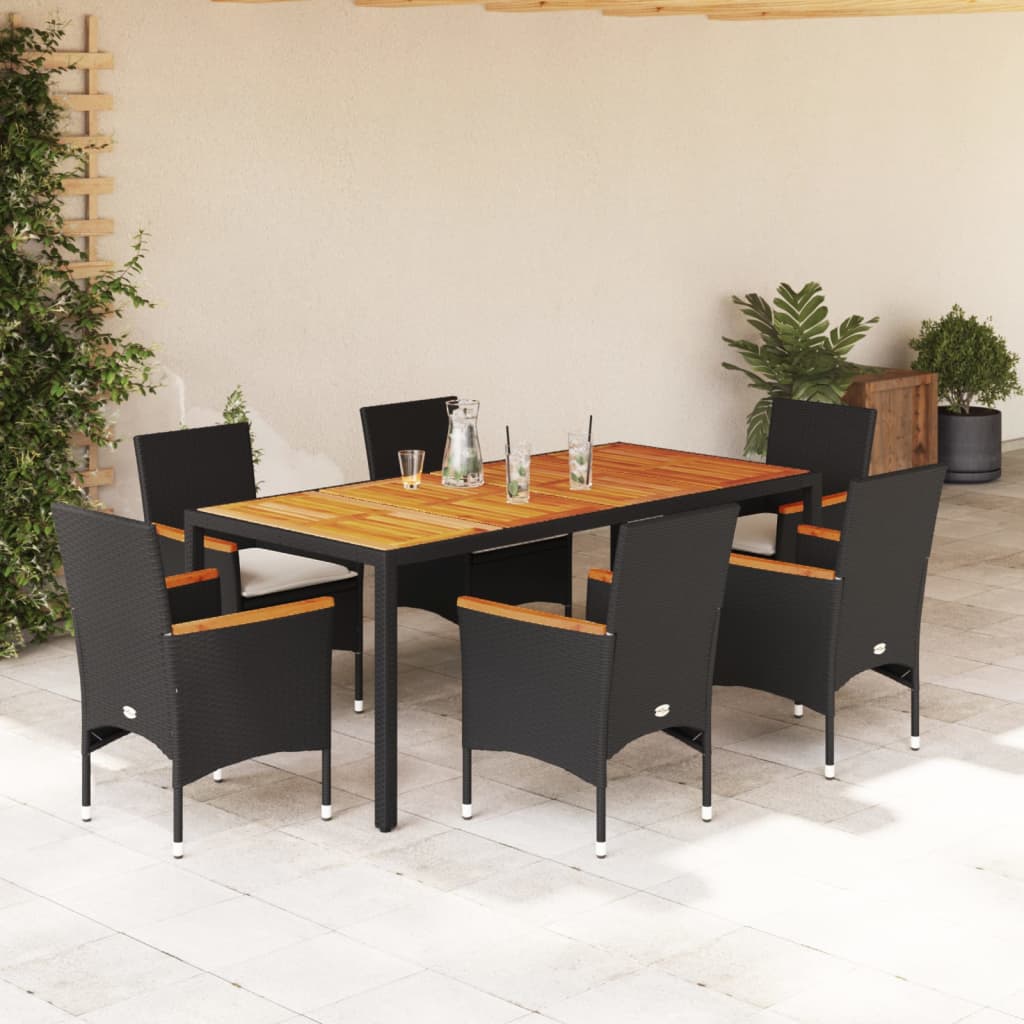 vidaXL Set mobilier grădină perne 7 piese negru poliratan/lemn acacia vidaXL Set mobilier grădină perne 7 piese negru poliratan/lemn acacia