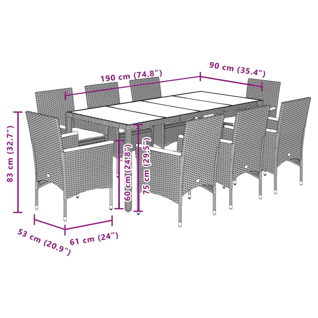 vidaXL Set mobilier grădină perne 9 piese negru poliratan/lemn acacia vidaXL Set mobilier grădină perne 9 piese negru poliratan/lemn acacia