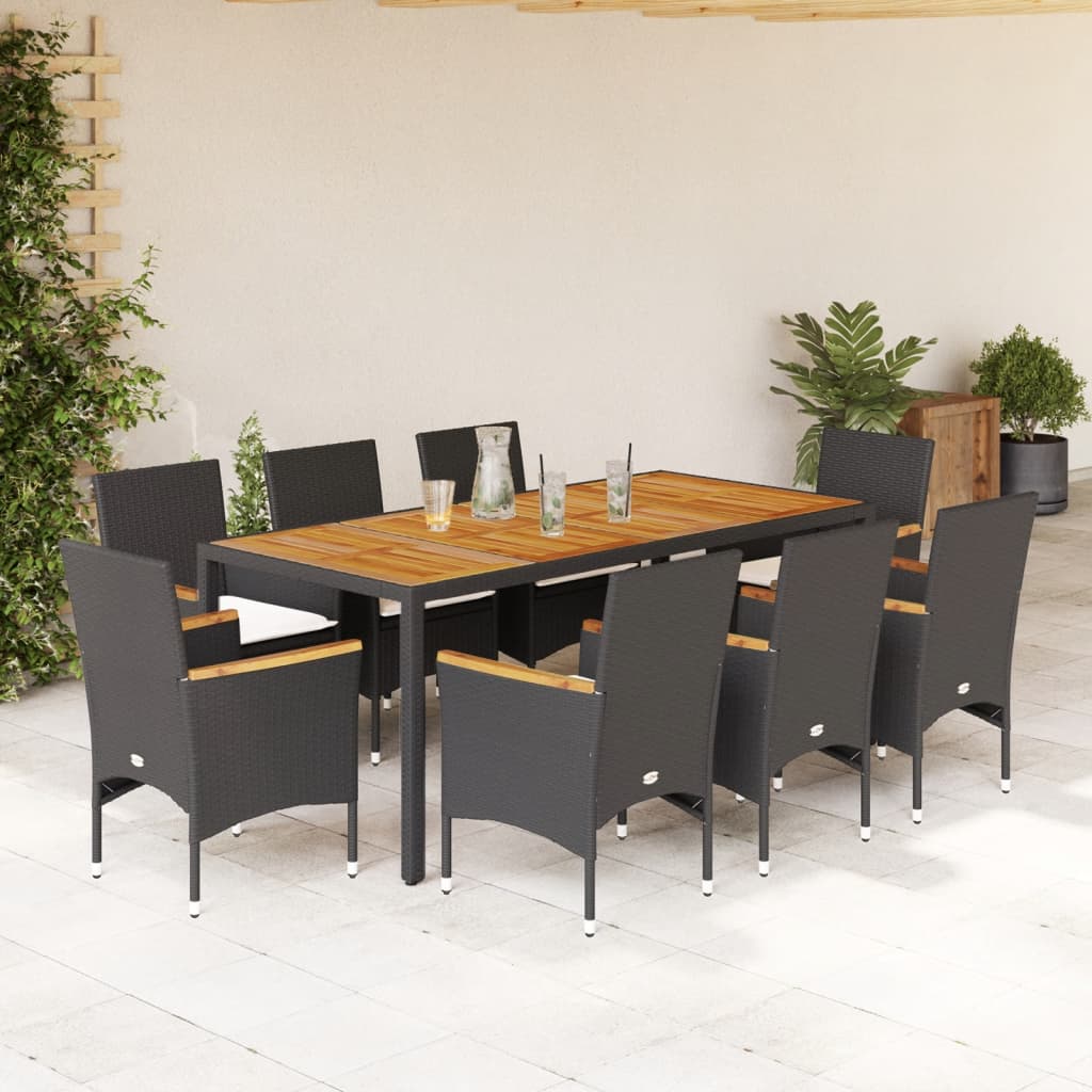 vidaXL Set mobilier grădină perne 9 piese negru poliratan/lemn acacia vidaXL Set mobilier grădină perne 9 piese negru poliratan/lemn acacia
