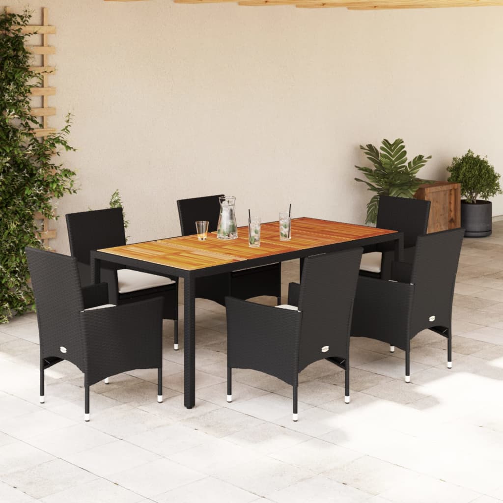 vidaXL Set mobilier grădină perne 7 piese negru poliratan/lemn acacia vidaXL Set mobilier grădină perne 7 piese negru poliratan/lemn acacia