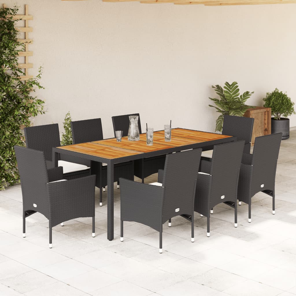 vidaXL Set mobilier grădină perne 9 piese negru poliratan/lemn acacia vidaXL Set mobilier grădină perne 9 piese negru poliratan/lemn acacia