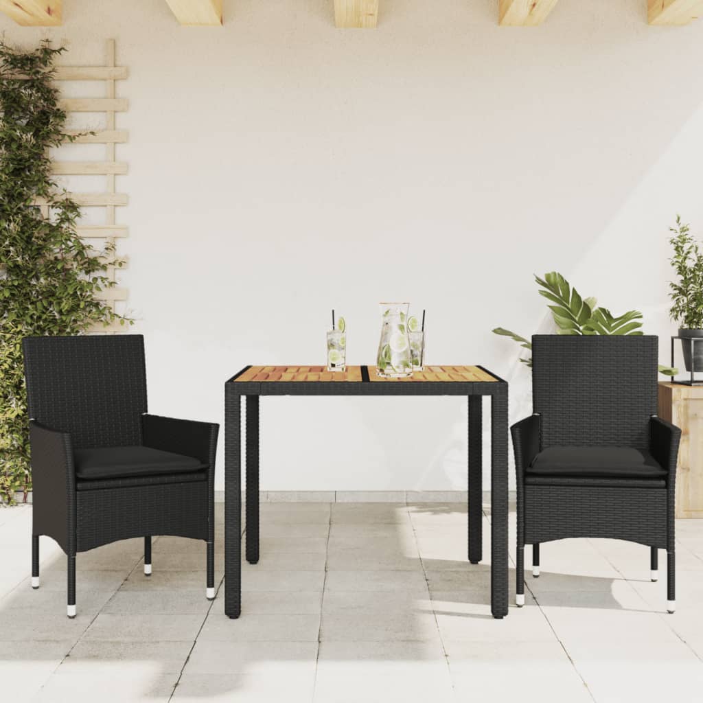 vidaXL Set mobilier grădină perne 3 piese negru poliratan/lemn acacia vidaXL Set mobilier grădină perne 3 piese negru poliratan/lemn acacia