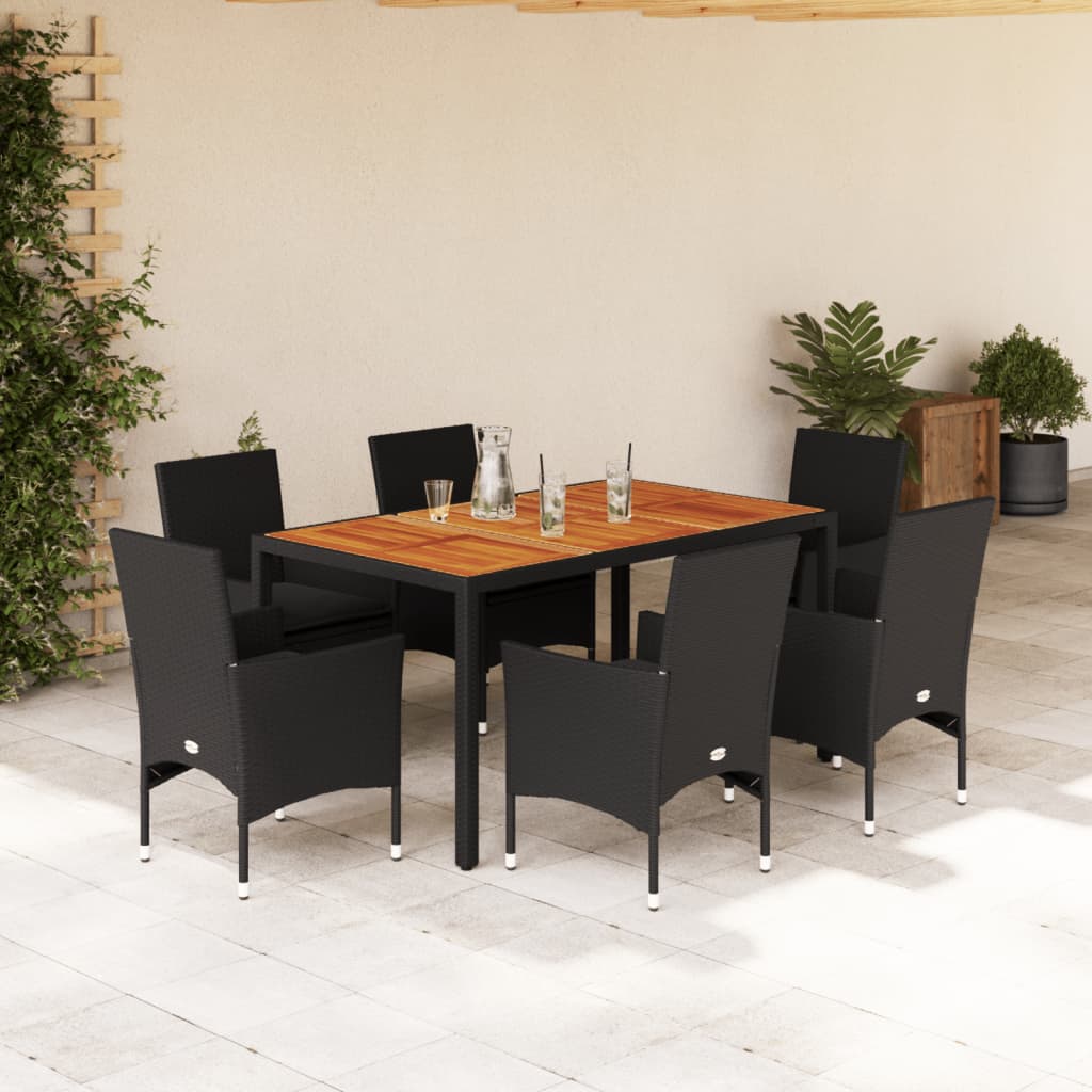 vidaXL Set mobilier grădină perne 7 piese negru poliratan/lemn acacia vidaXL Set mobilier grădină perne 7 piese negru poliratan/lemn acacia