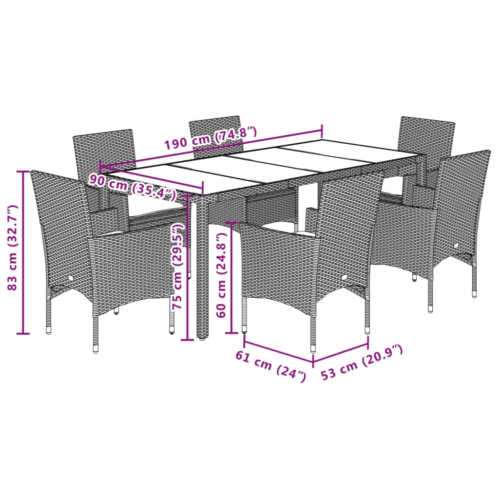 vidaXL Set mobilier grădină perne 7 piese negru poliratan/lemn acacia vidaXL Set mobilier grădină perne 7 piese negru poliratan/lemn acacia