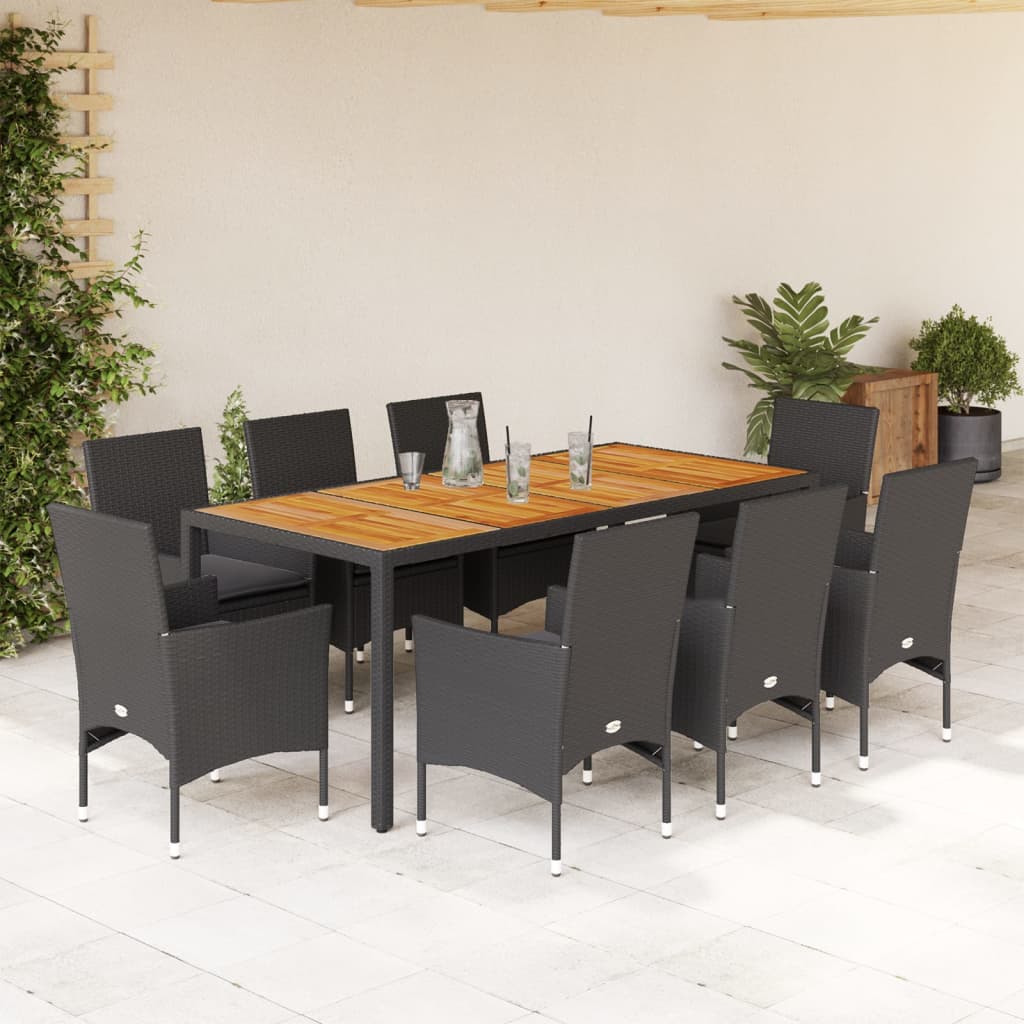 vidaXL Set mobilier grădină perne 9 piese negru poliratan/lemn acacia vidaXL Set mobilier grădină perne 9 piese negru poliratan/lemn acacia