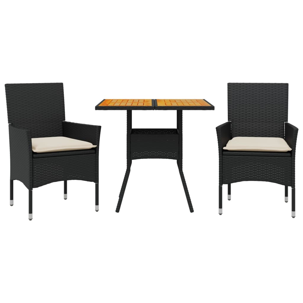 vidaXL Set mobilier grădină perne 3 piese negru poliratan/lemn acacia vidaXL Set mobilier grădină perne 3 piese negru poliratan/lemn acacia