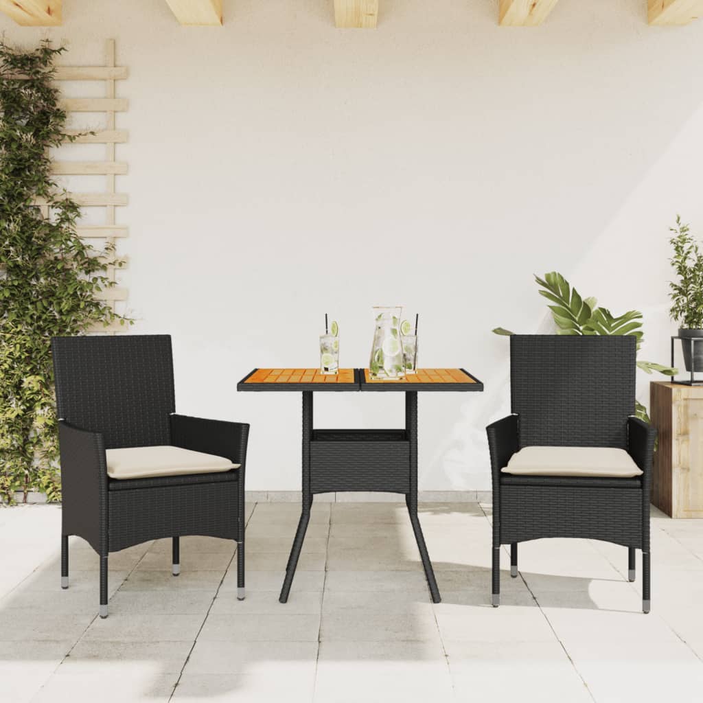 vidaXL Set mobilier grădină perne 3 piese negru poliratan/lemn acacia vidaXL Set mobilier grădină perne 3 piese negru poliratan/lemn acacia