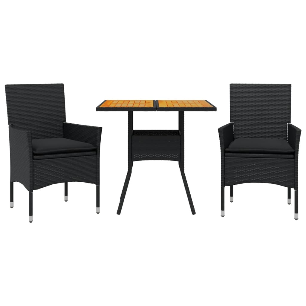 vidaXL Set mobilier grădină perne 3 piese negru poliratan/lemn acacia vidaXL Set mobilier grădină perne 3 piese negru poliratan/lemn acacia