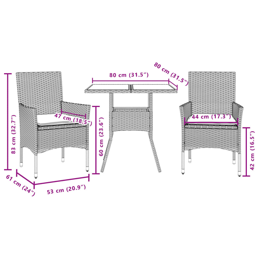 vidaXL Set mobilier grădină perne 3 piese negru poliratan/lemn acacia vidaXL Set mobilier grădină perne 3 piese negru poliratan/lemn acacia