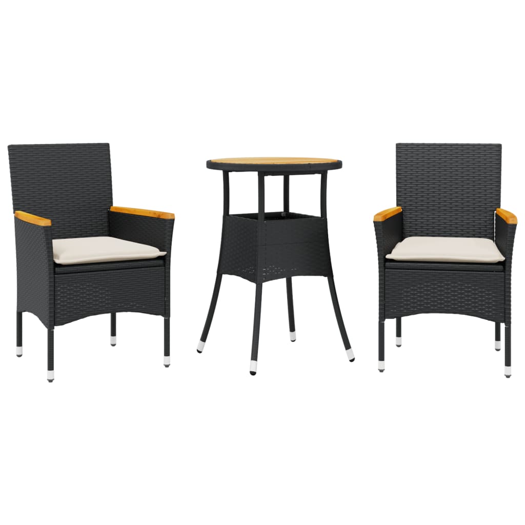 vidaXL Set mobilier grădină perne 3 piese negru poliratan/lemn acacia vidaXL Set mobilier grădină perne 3 piese negru poliratan/lemn acacia