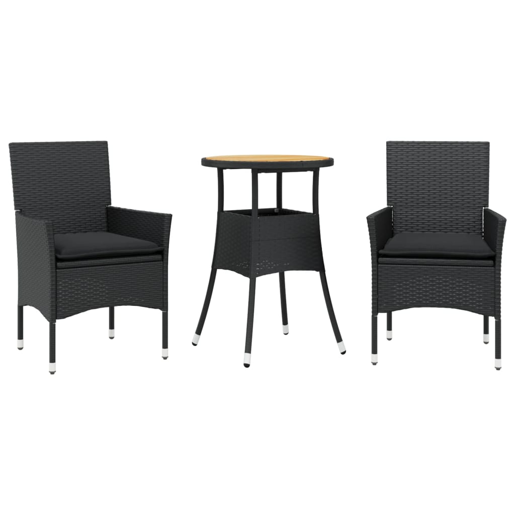 vidaXL Set mobilier grădină perne 3 piese negru poliratan/lemn acacia vidaXL Set mobilier grădină perne 3 piese negru poliratan/lemn acacia