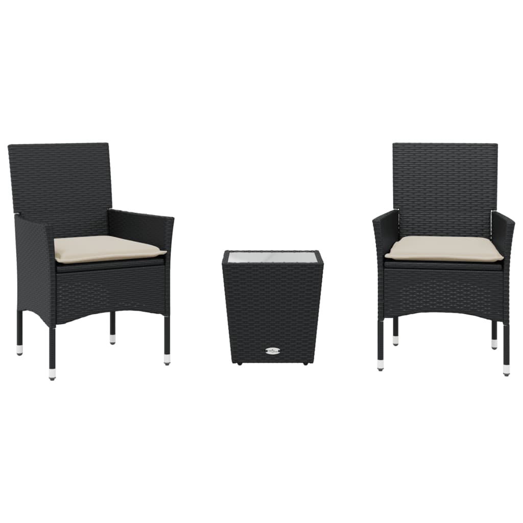 vidaXL Set bistro cu perne, 3 piese, negru, poliratan și sticlă
