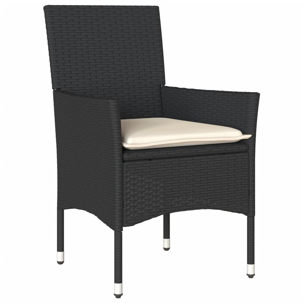 vidaXL Set bistro cu perne, 3 piese, negru, poliratan și sticlă