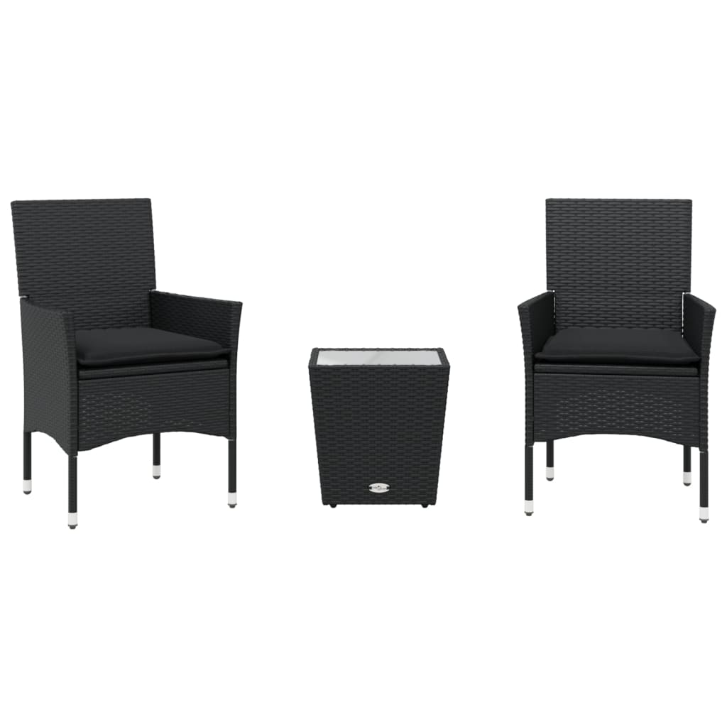 vidaXL Set bistro cu perne, 3 piese, negru, poliratan și sticlă vidaXL Set bistro cu perne, 3 piese, negru, poliratan și sticlă