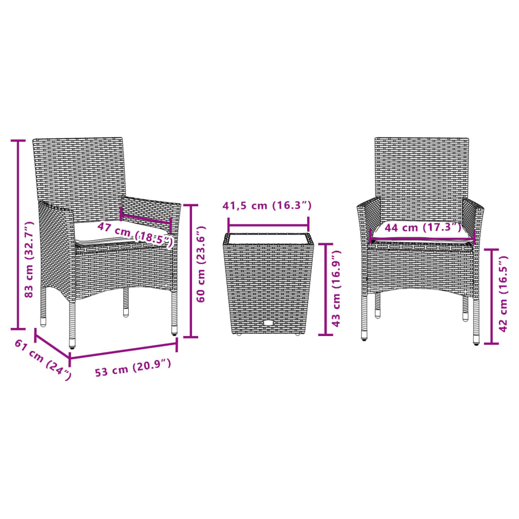 vidaXL Set bistro cu perne, 3 piese, negru, poliratan și sticlă vidaXL Set bistro cu perne, 3 piese, negru, poliratan și sticlă